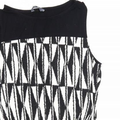 BHS Womens Black Geometric Viscose Basic Tank Size 14 Round Neck - Twist Detail