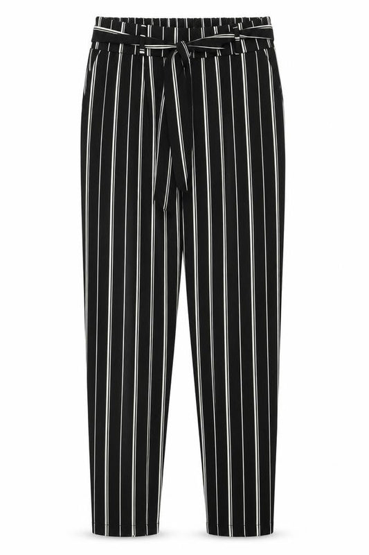 DEFACTO Womens Black Striped Polyester Trousers Size M Regular Tie