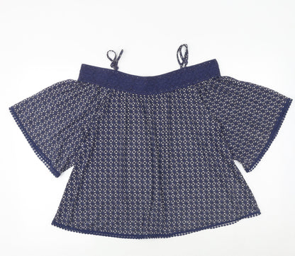 Next Womens Blue Geometric Polyester Basic Blouse Size 10 Boat Neck