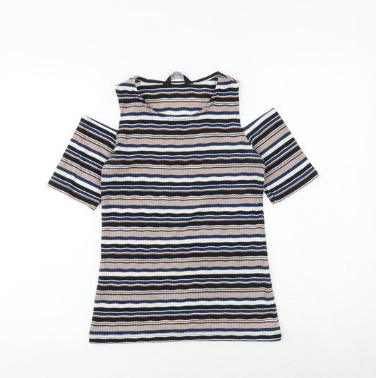 Dorothy Perkins Womens Multicoloured Striped Polyester Basic T-Shirt Size 8 Round Neck - Cold Shoulder