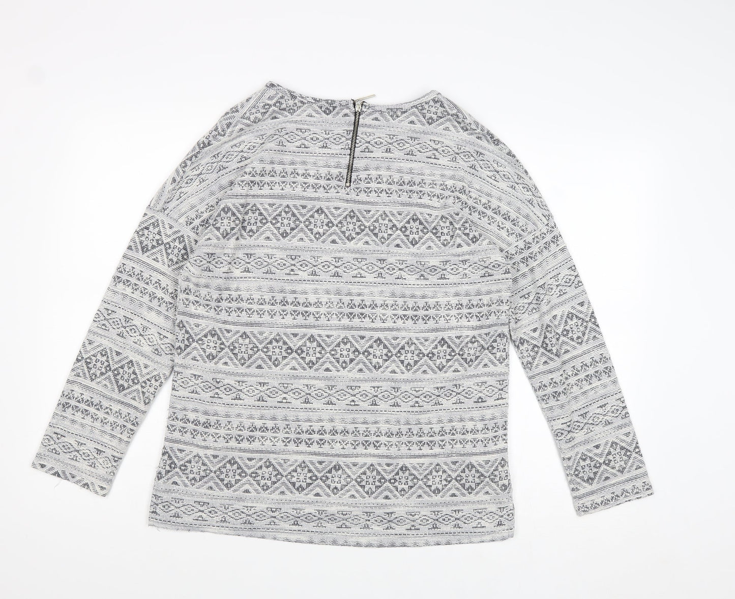Dunnes Stores Womens Grey Geometric Cotton Basic Blouse Size M Round Neck