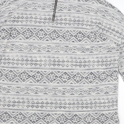 Dunnes Womens Grey Geometric Cotton Basic Blouse Size M Round Neck