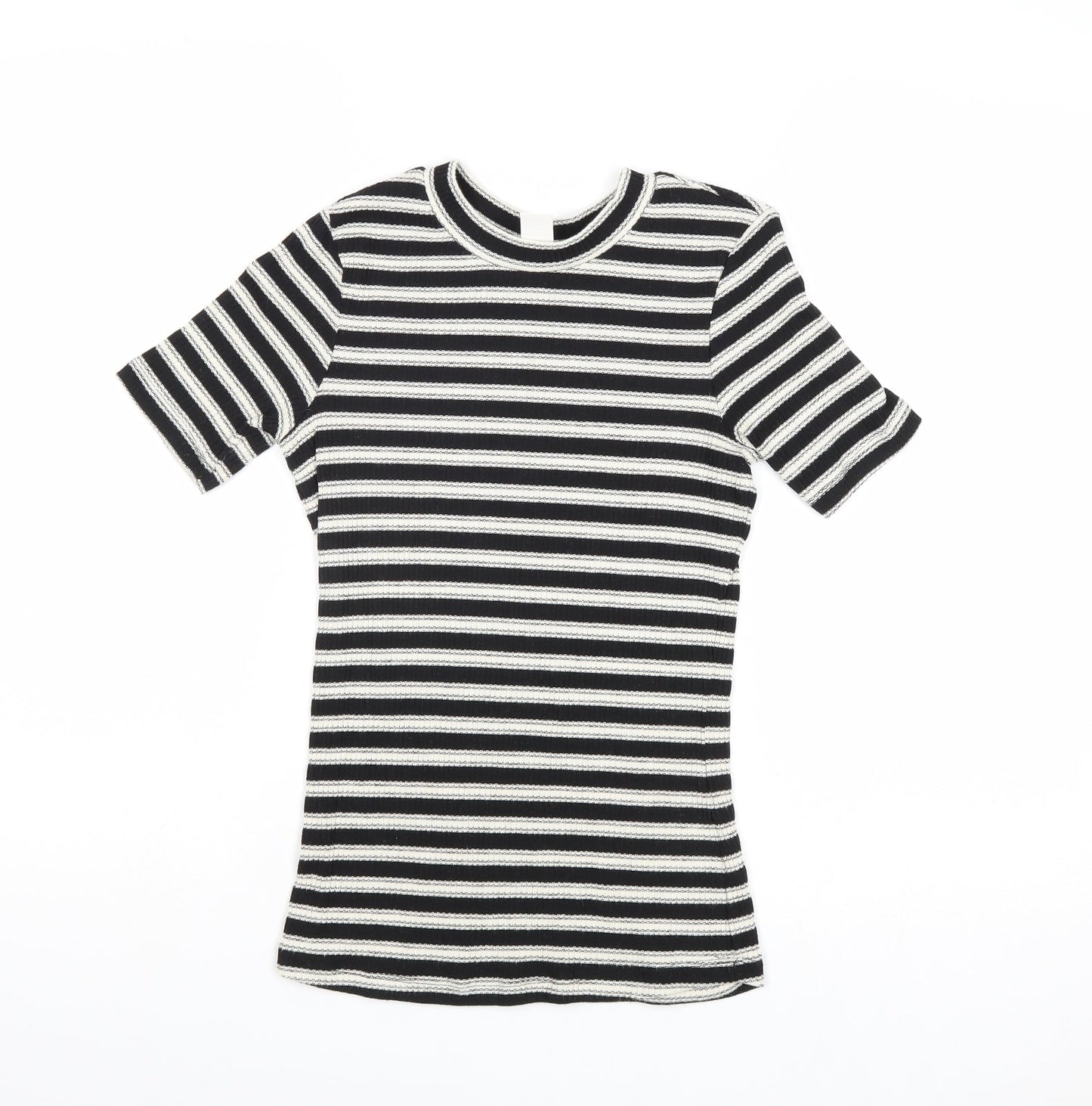 H&M Womens Black Striped Polyester Basic T-Shirt Size XS Round Neck