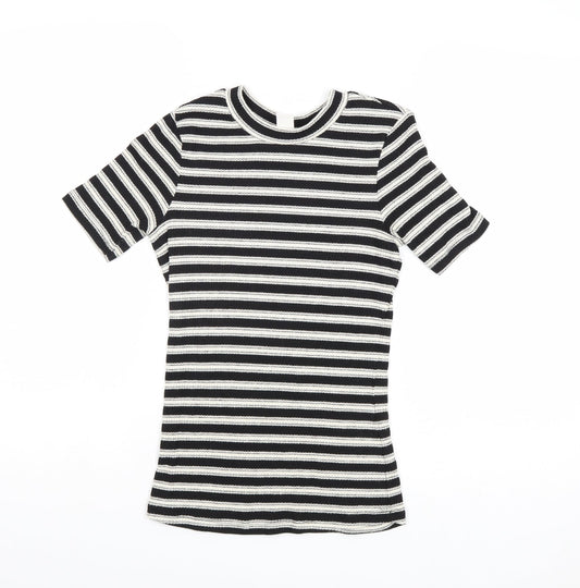 H&M Womens Black Striped Polyester Basic T-Shirt Size XS Round Neck