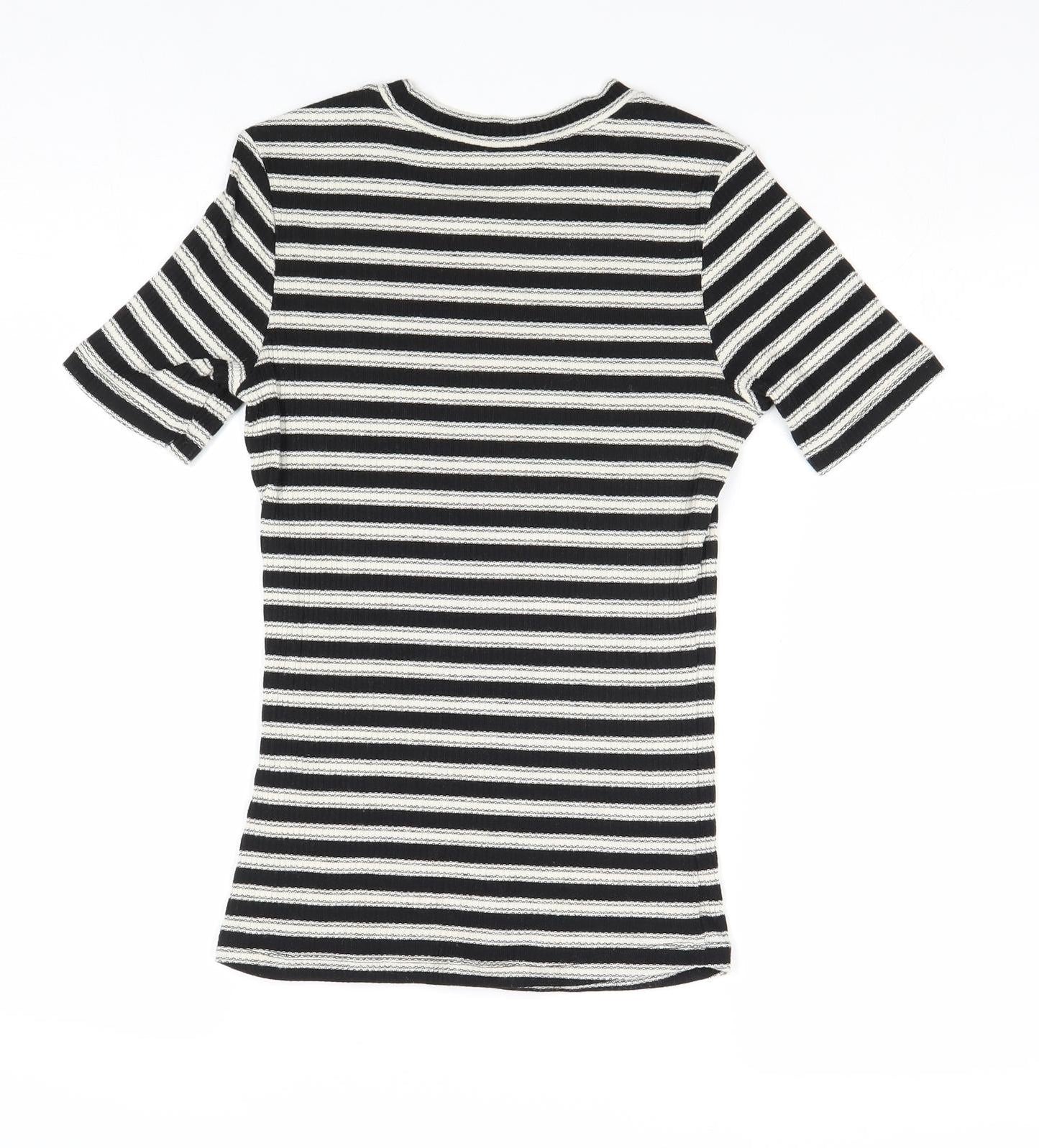 H&M Womens Black Striped Polyester Basic T-Shirt Size XS Round Neck
