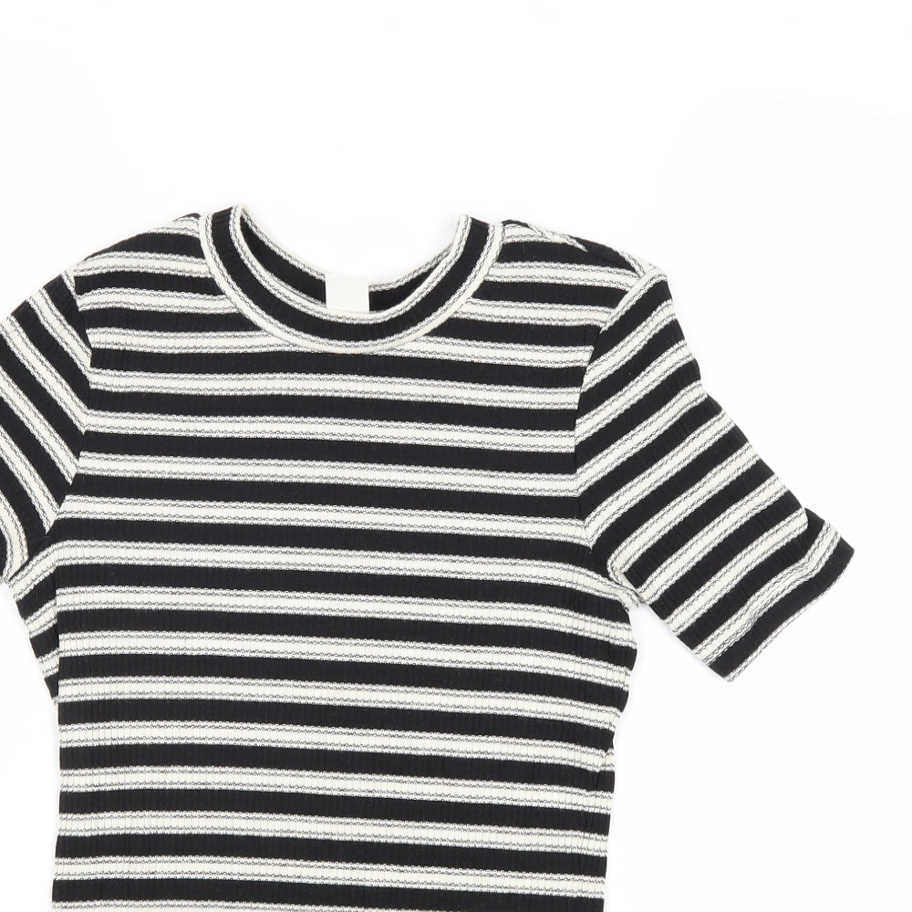 H&M Womens Black Striped Polyester Basic T-Shirt Size XS Round Neck