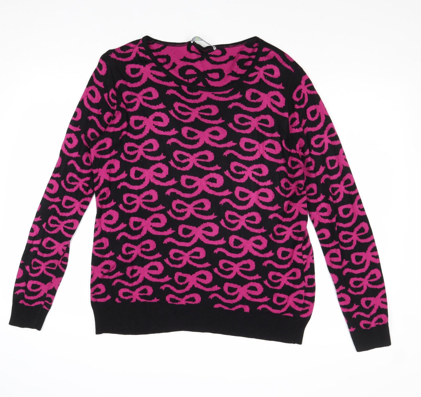 Marks and Spencer Womens Pink Round Neck Geometric Acrylic Pullover Jumper Size 16 - Bow Pattern