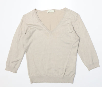 Marks & Spencer Womens Beige V-Neck Viscose Pullover Jumper Size 12