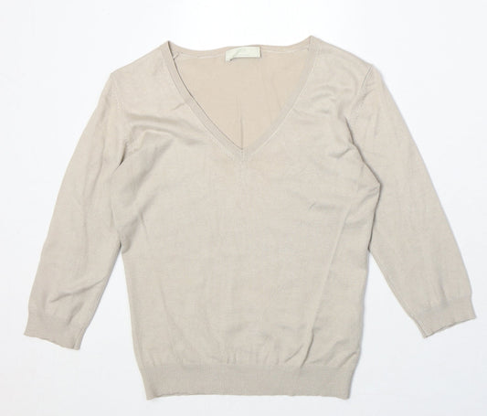 Marks and Spencer Womens Beige V-Neck Viscose Pullover Jumper Size 12