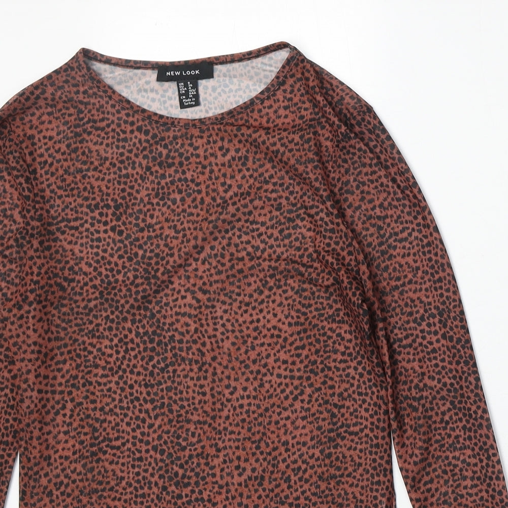 New Look Womens Brown Animal Print Polyester Basic T-Shirt Size 8 Round Neck - Cheetah Print