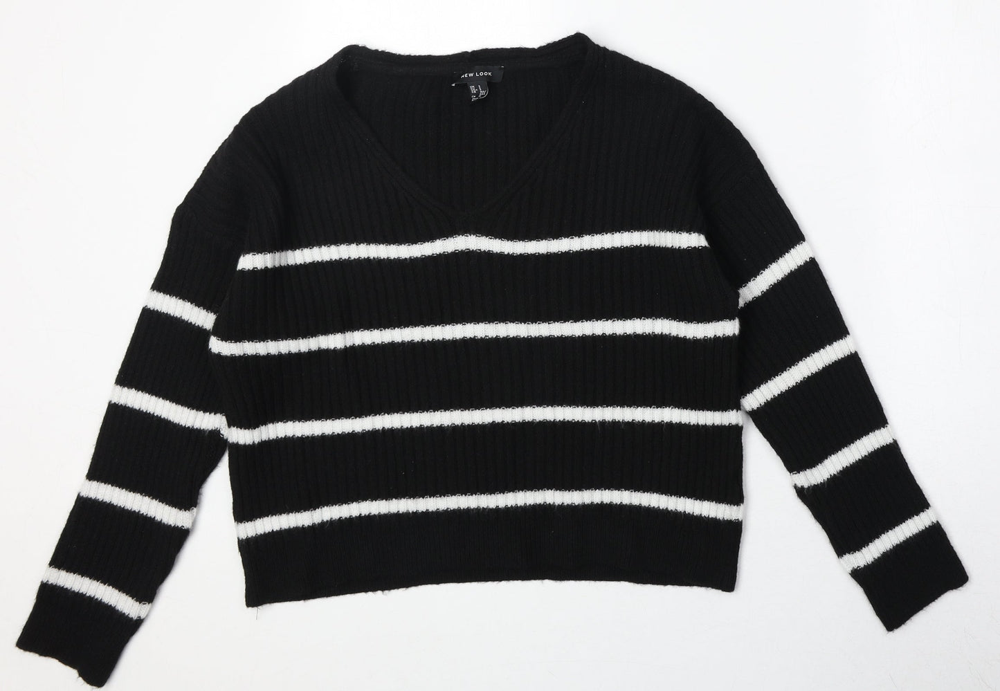 New Look Womens Black Scoop Neck Striped Acrylic Pullover Jumper Size S