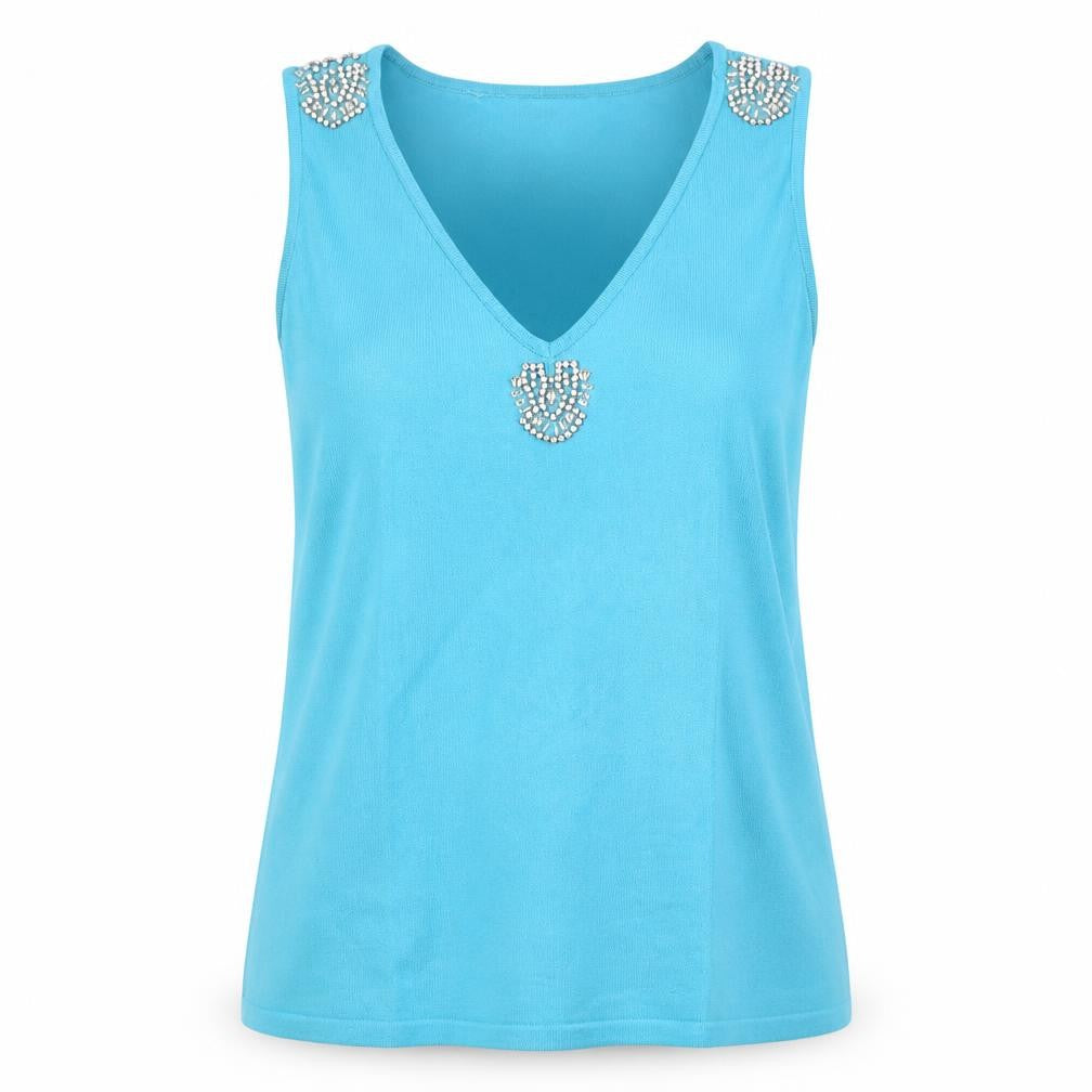 Roman Womens Blue Viscose Basic Tank Size L V-Neck