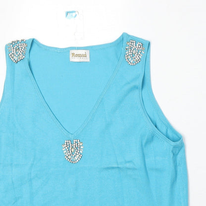 Roman Womens Blue Viscose Basic Tank Size L V-Neck