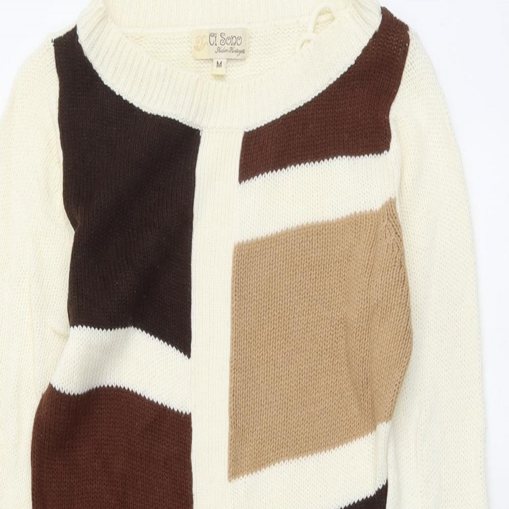 CI SONO Womens Beige Round Neck Geometric Acrylic Pullover Jumper Size M