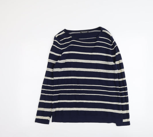 Bonmarché Womens Blue Round Neck Striped Cotton Pullover Jumper Size S
