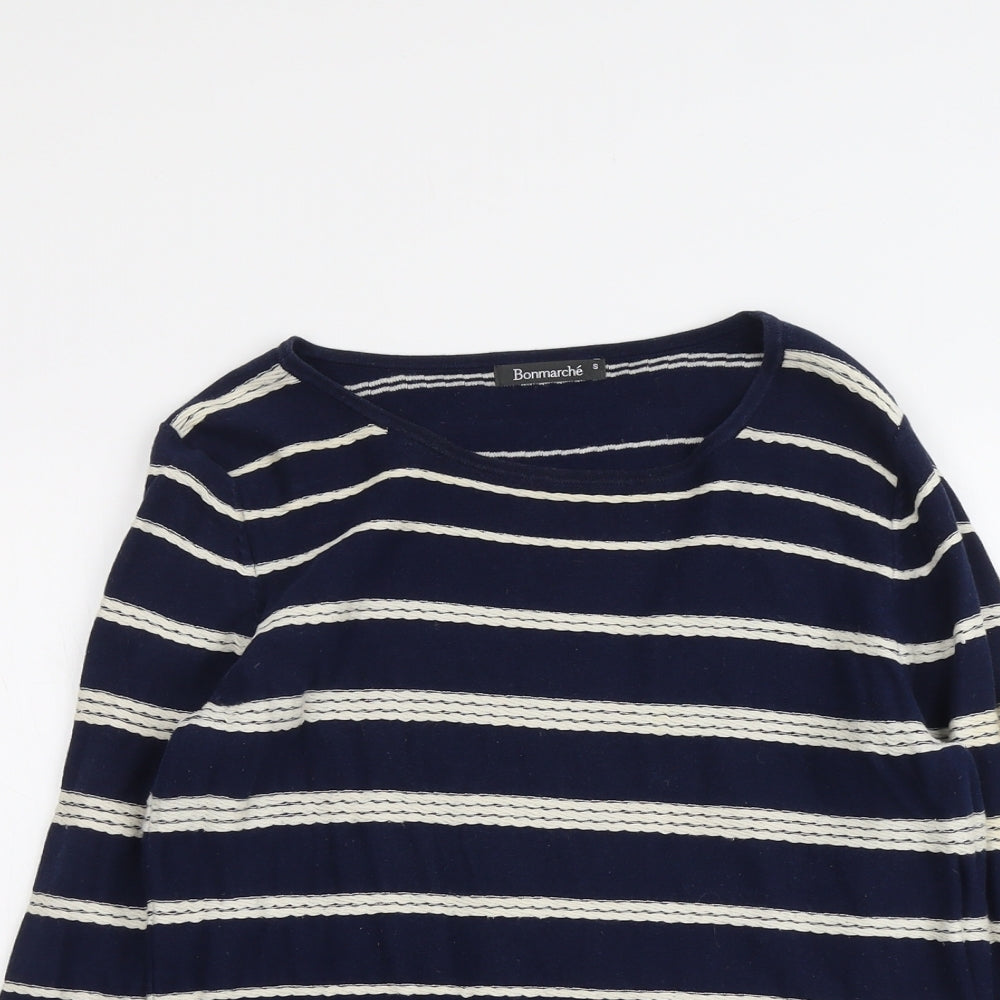 Bonmarché Womens Blue Round Neck Striped Cotton Pullover Jumper Size S