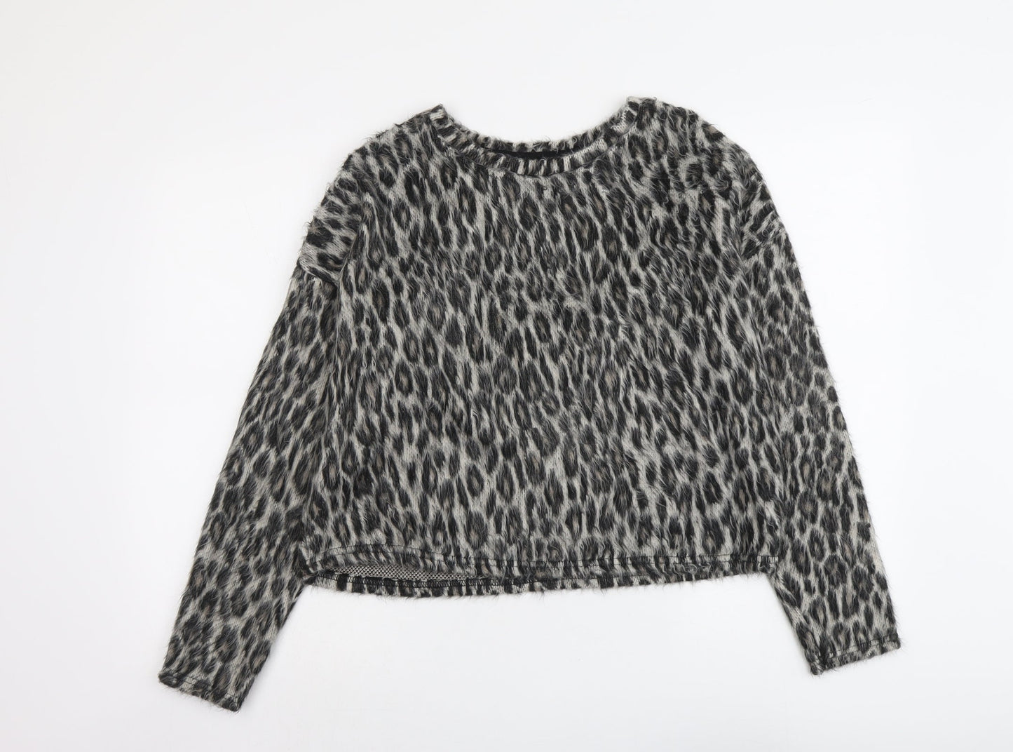 New Look Womens Grey Round Neck Animal Print Acrylic Pullover Jumper Size M - Leopard Print