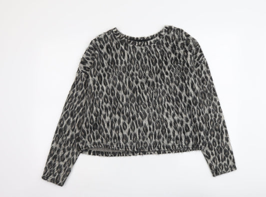 New Look Womens Grey Round Neck Animal Print Acrylic Pullover Jumper Size M - Leopard Print