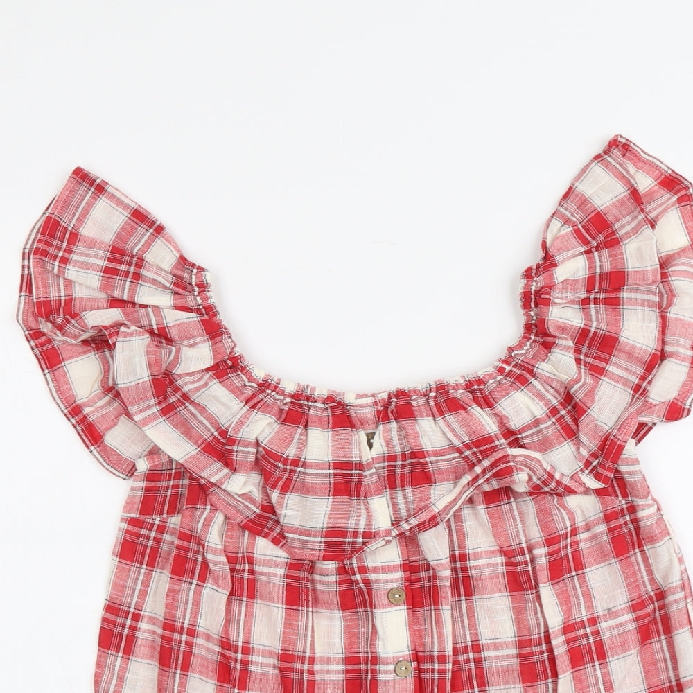 NEXT Womens Red Plaid Cotton Basic Blouse Size 10 Scoop Neck