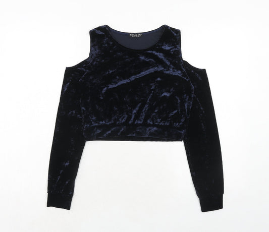 Select Womens Blue Polyester Cropped Blouse Size 10 Round Neck - Cold Shoulder