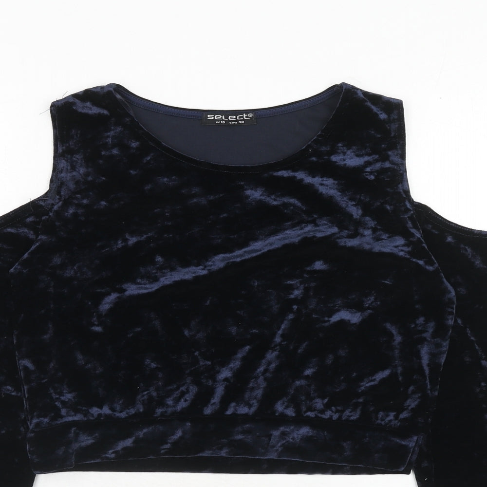 Select Womens Blue Polyester Cropped Blouse Size 10 Round Neck - Cold Shoulder