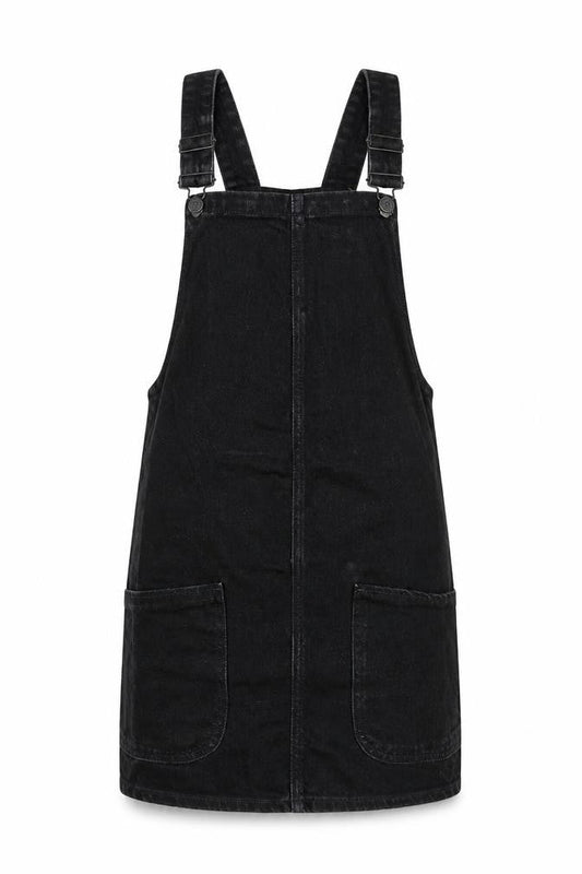 New Look Womens Black Cotton Pinafore/Dungaree Dress Size 6 Square Neck Buckle