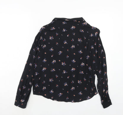 H&M Womens Black Floral Viscose Basic Button-Up Size 6 Collared