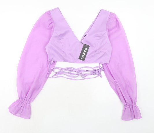 Boohoo Womens Purple Polyester Basic Blouse Size 12 V-Neck
