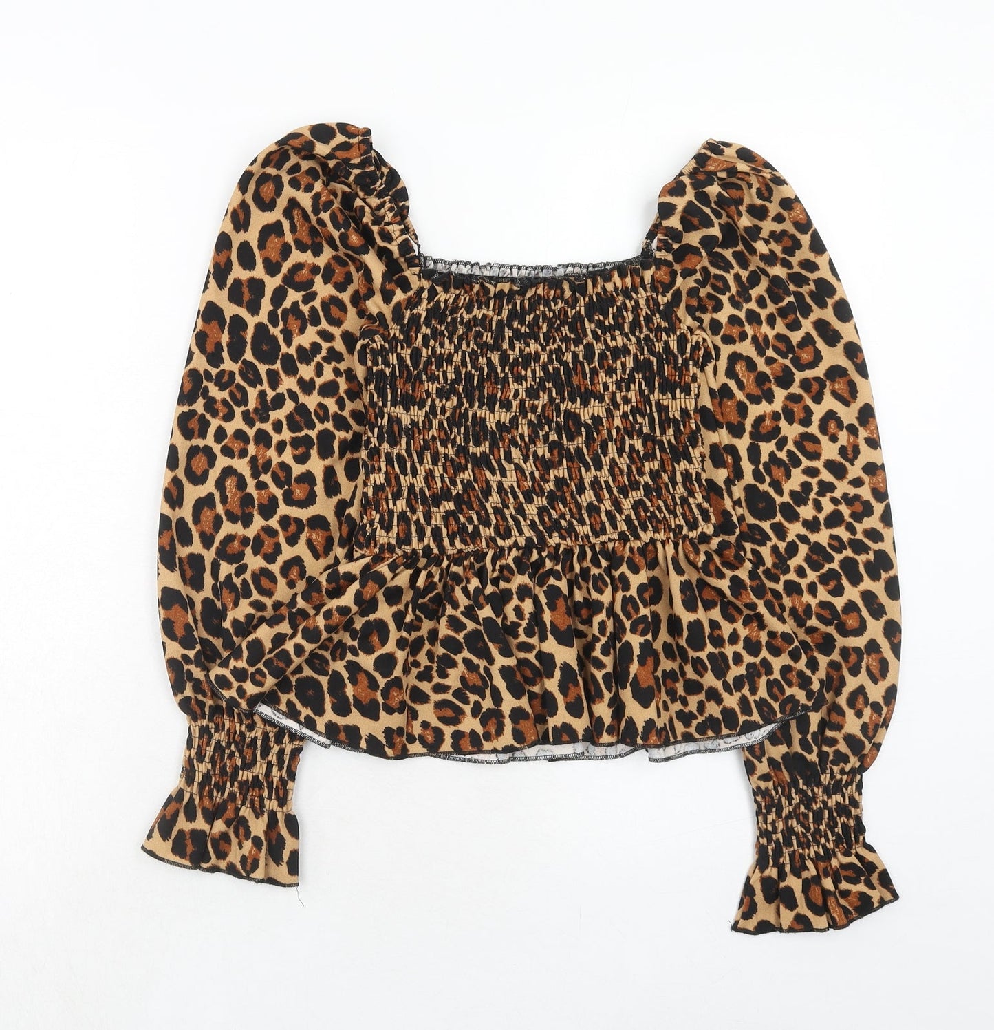 New Look Womens Brown Animal Print Polyester Basic Blouse Size 8 Square Neck - Leopard Pattern
