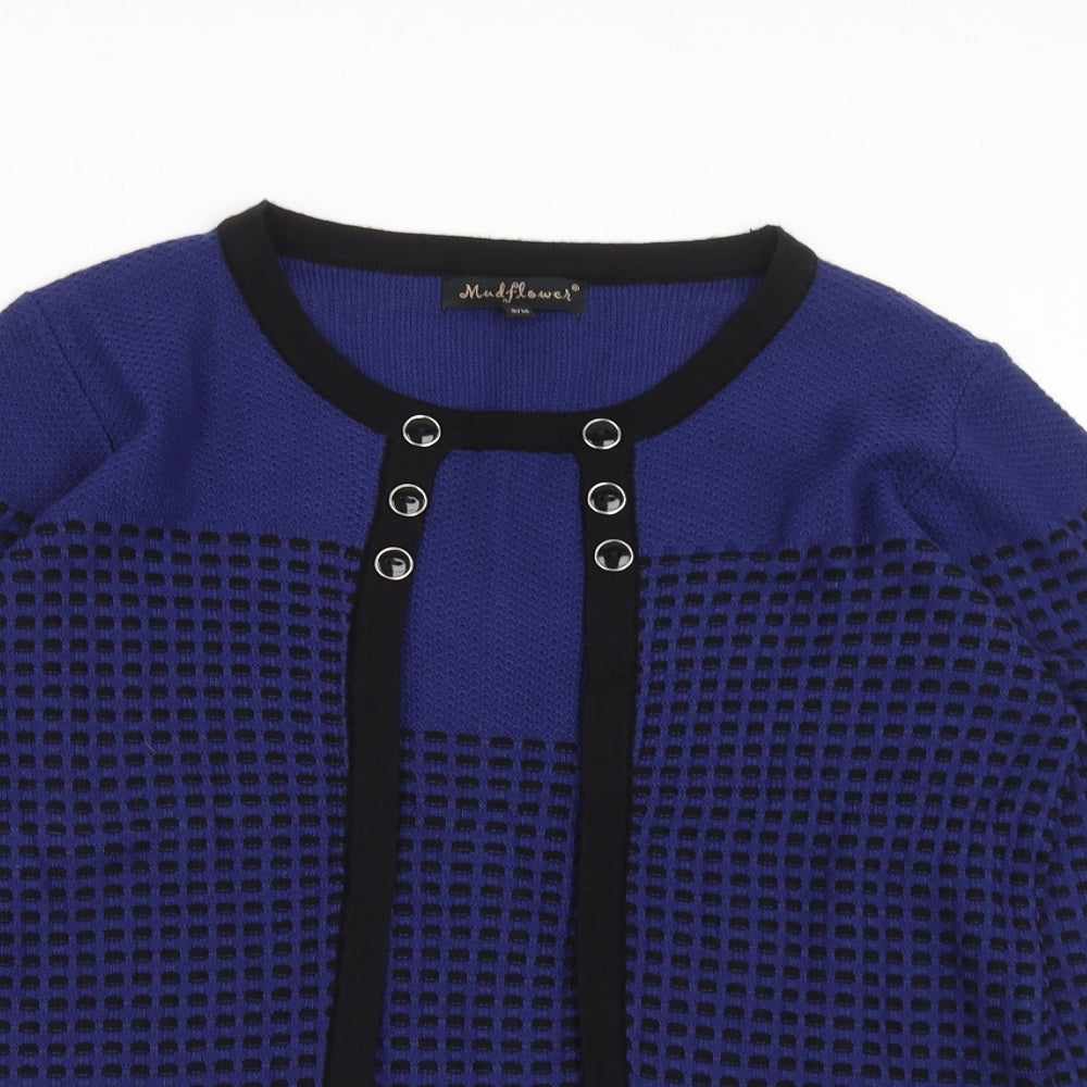 Mudflower Womens Blue Round Neck Geometric Acrylic Pullover Jumper Size S - Size S/M