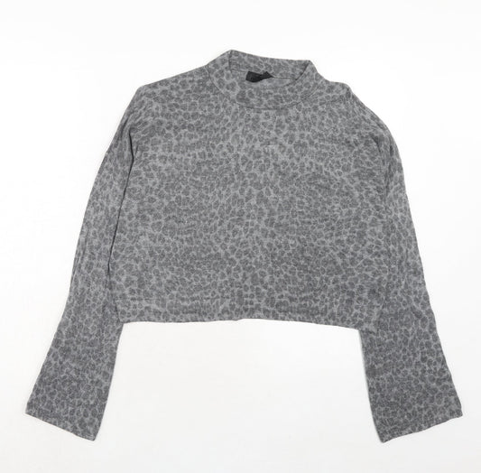 Topshop Womens Grey Round Neck Animal Print Viscose Pullover Jumper Size 16 - Leopard Print