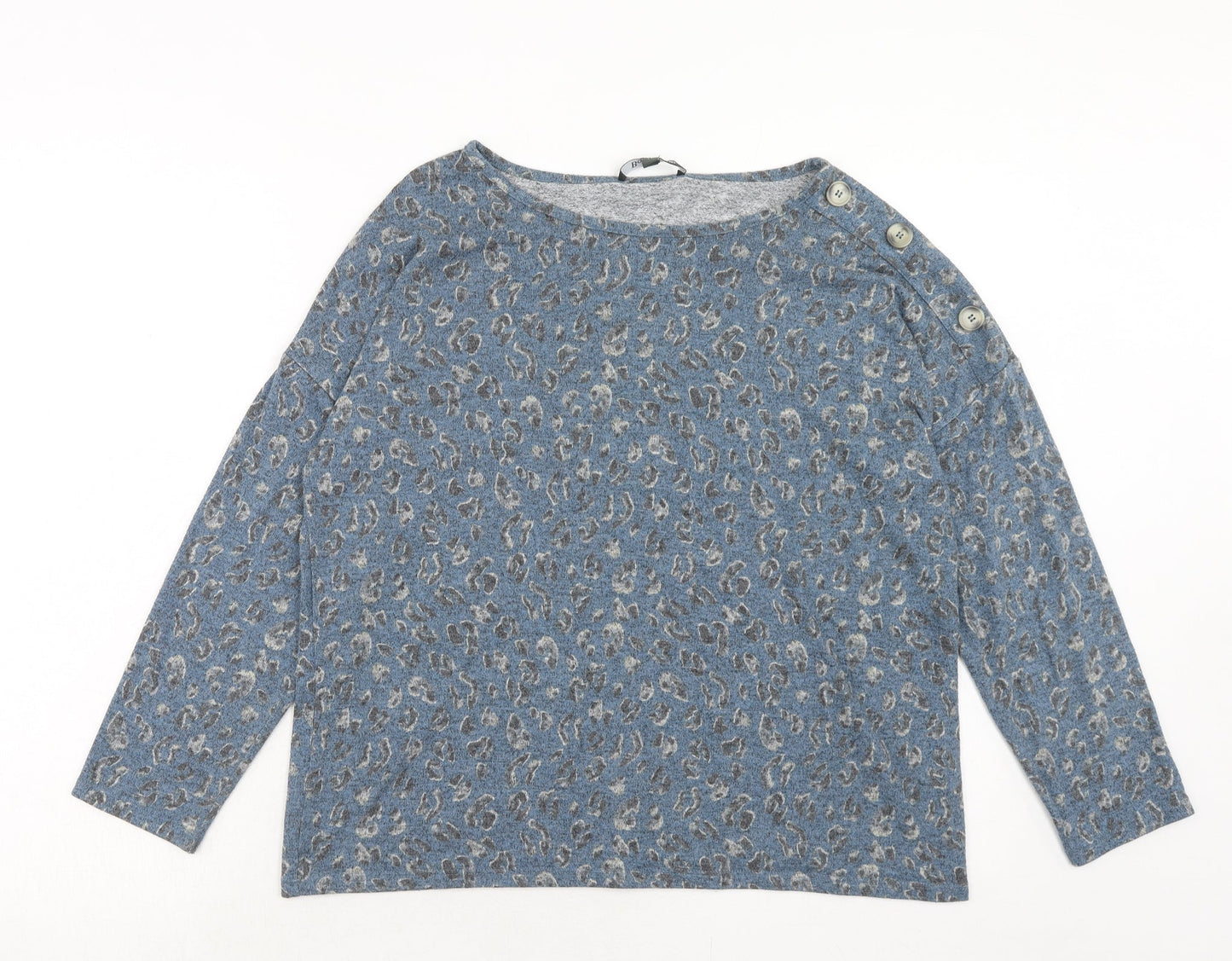 Bonmarché Womens Blue Round Neck Animal Print Polyester Pullover Jumper Size 14 - Leopard Print