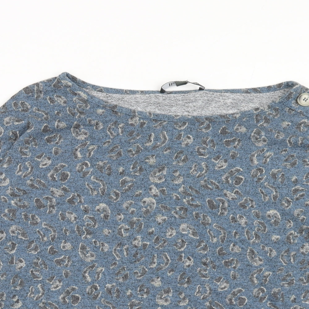 Bonmarché Womens Blue Round Neck Animal Print Polyester Pullover Jumper Size 14 - Leopard Print