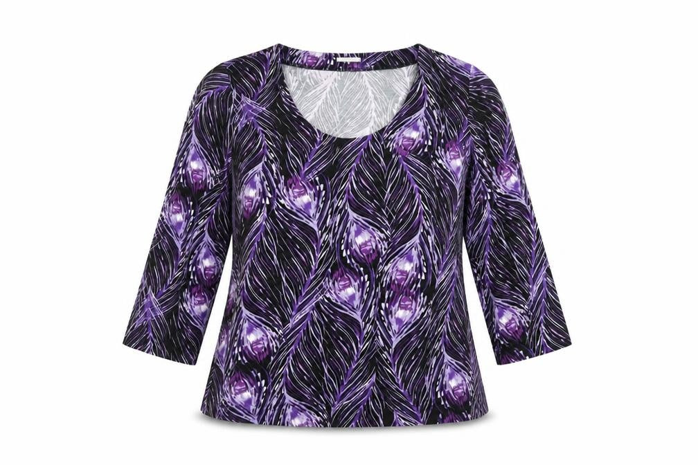 Minuet Womens Purple Geometric Viscose Basic T-Shirt Size S Scoop Neck