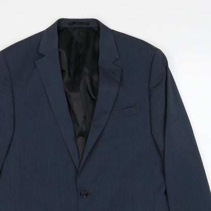 Close-up detail of ASOS men’s blue polyester jacket suit jacket, size 40, regular