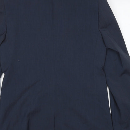 Brand and care label for ASOS men’s blue polyester jacket suit jacket, size 40, regular