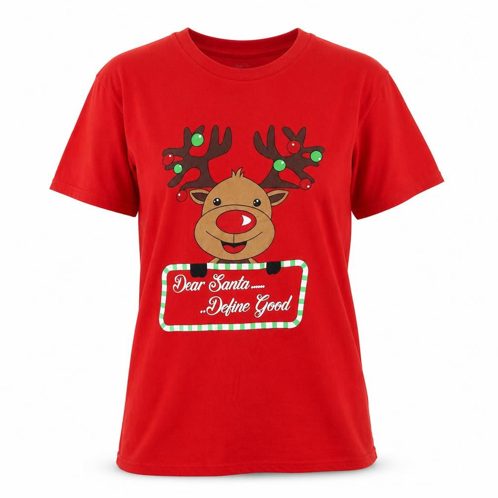 Casual Classics Womens Red Cotton Basic T-Shirt Size M Round Neck - Dear Santa....