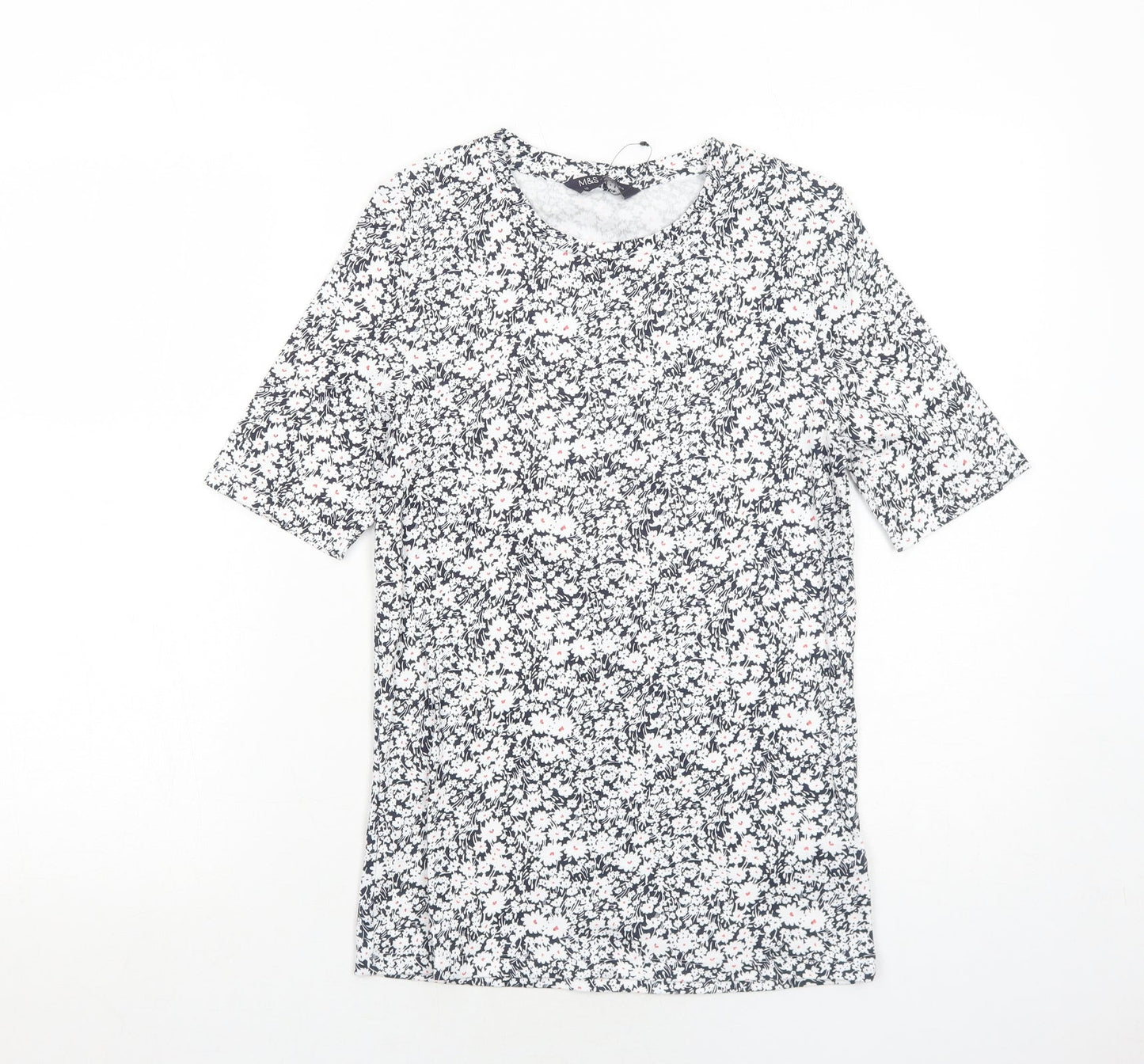 Marks and Spencer Womens Blue Floral Cotton Basic T-Shirt Size 10 Round Neck