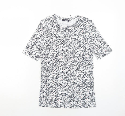 Marks and Spencer Womens Blue Floral Cotton Basic T-Shirt Size 10 Round Neck
