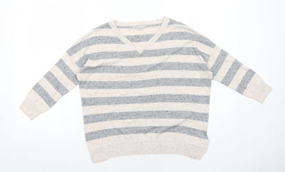 Gap Womens Beige V-Neck Striped Cotton Pullover Jumper Size XS