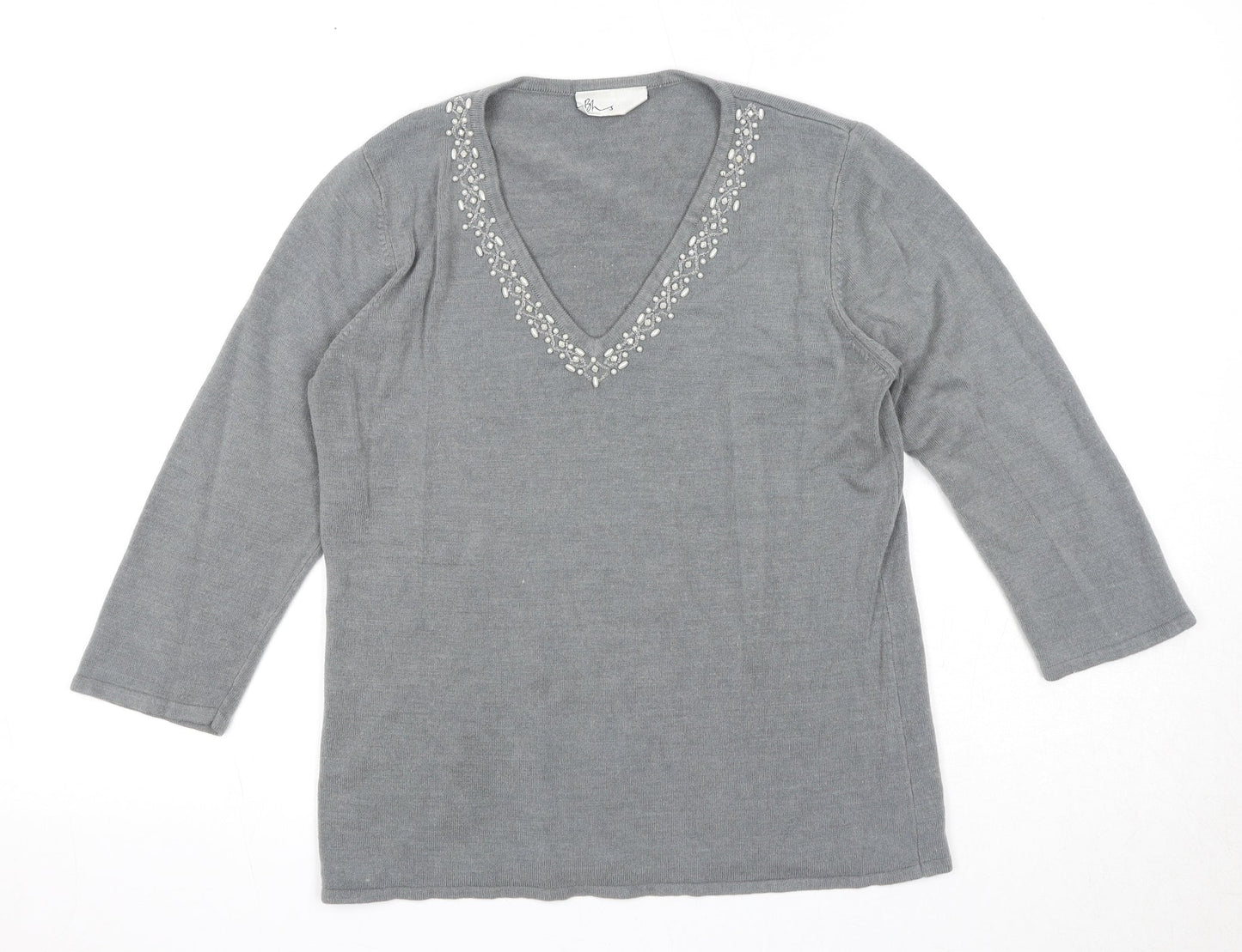 BHS Womens Grey V-Neck Acrylic Pullover Jumper Size 14