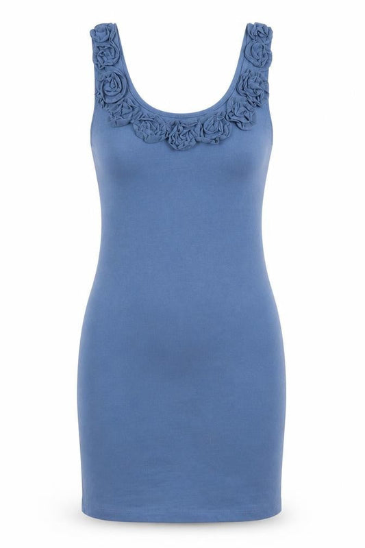 H&M Womens Blue Polyester Tank Dress Size S Round Neck Pullover - Flower Detail