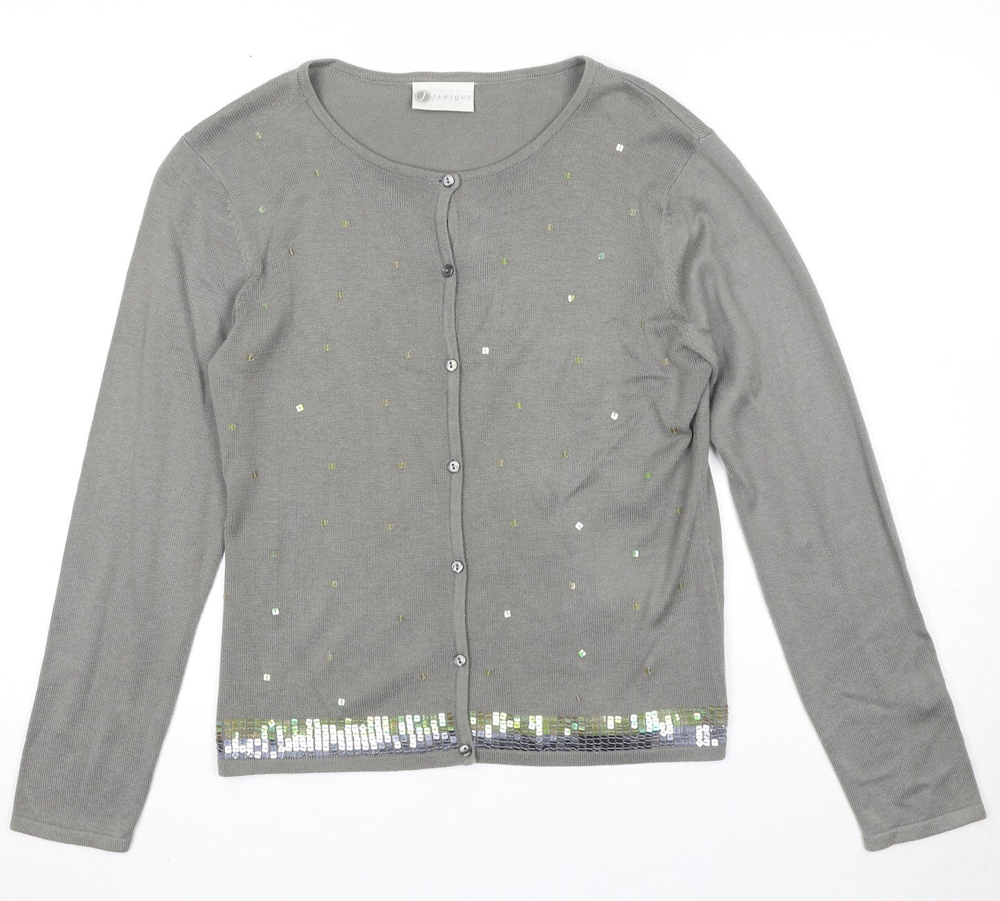 Janique Womens Grey Round Neck Acrylic Cardigan Jumper Size S
