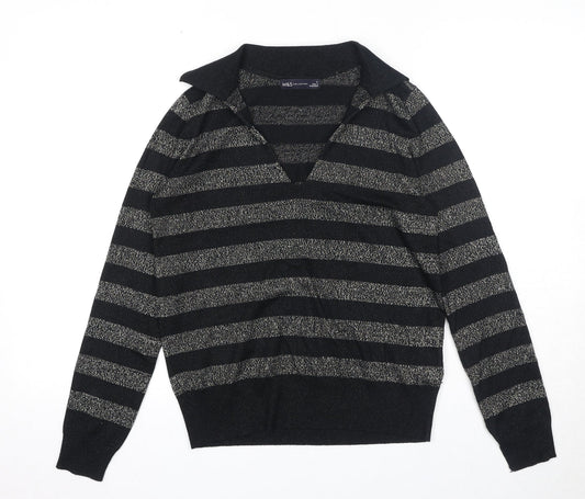 Marks and Spencer Womens Black Collared Striped Viscose Pullover Jumper Size S