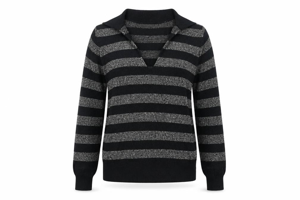 Marks & Spencer Womens Black Collared Striped Viscose Pullover Jumper Size S