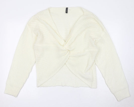Divided by H&M Womens White V-Neck Acrylic Pullover Jumper Size M - Knot Front