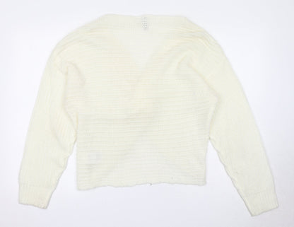 Divided by H&M Womens White V-Neck Acrylic Pullover Jumper Size M - Knot Front