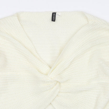 Divided by H&M Womens White V-Neck Acrylic Pullover Jumper Size M - Knot Front