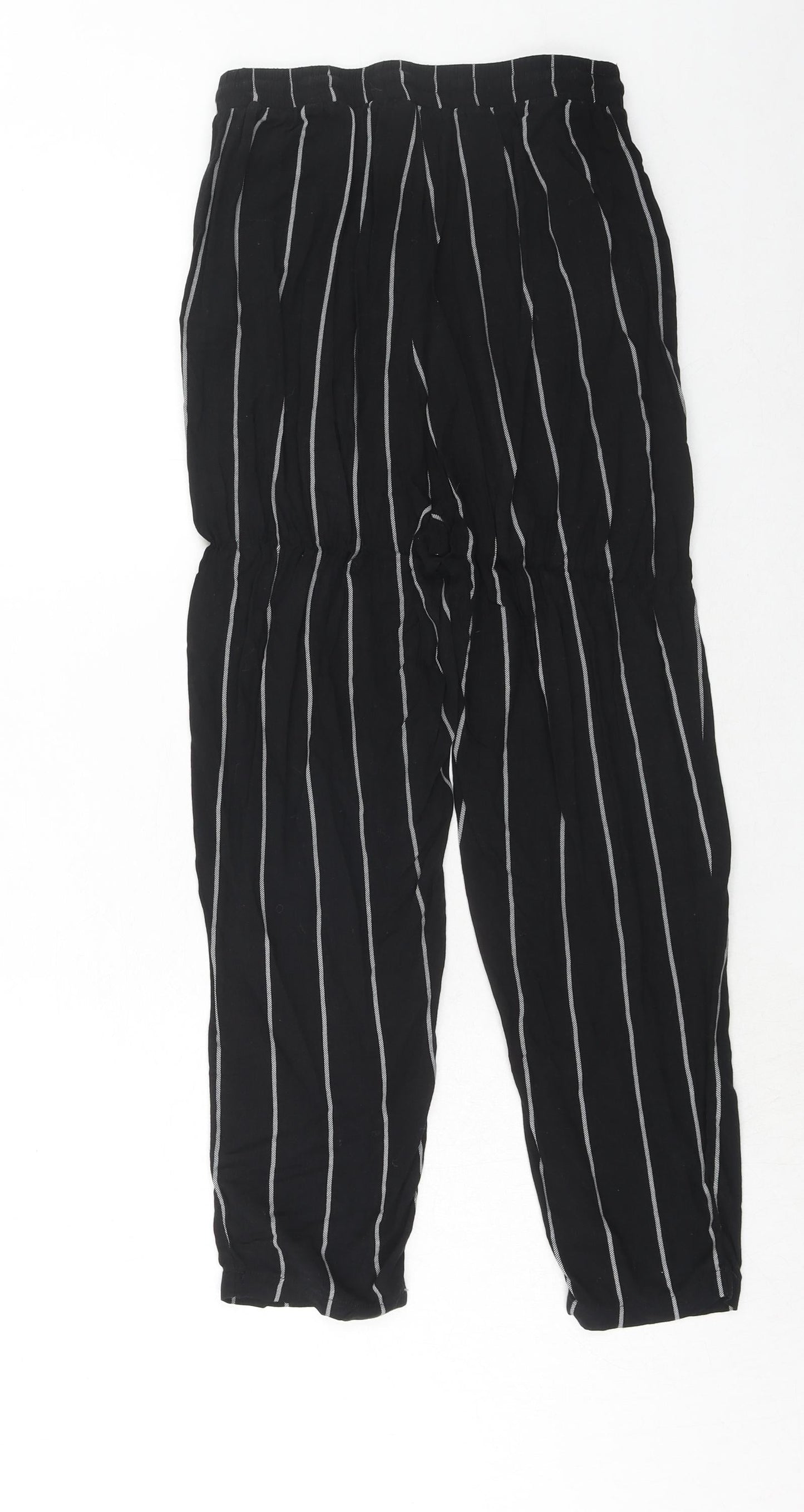 PRETTYLITTLETHING Womens Black Striped Viscose Trousers Size 8 Regular Drawstring