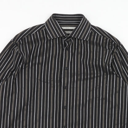 Next Mens Black Striped Cotton Button-Up Size 15.5 Collared Button